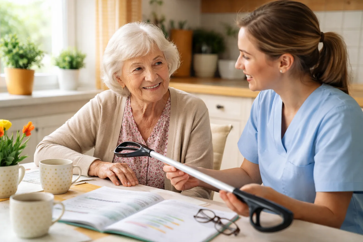 Professionelle Beratung zu Pflegegraden - Betreuerin erklärt älterer Person die verschiedenen Pflegestufen