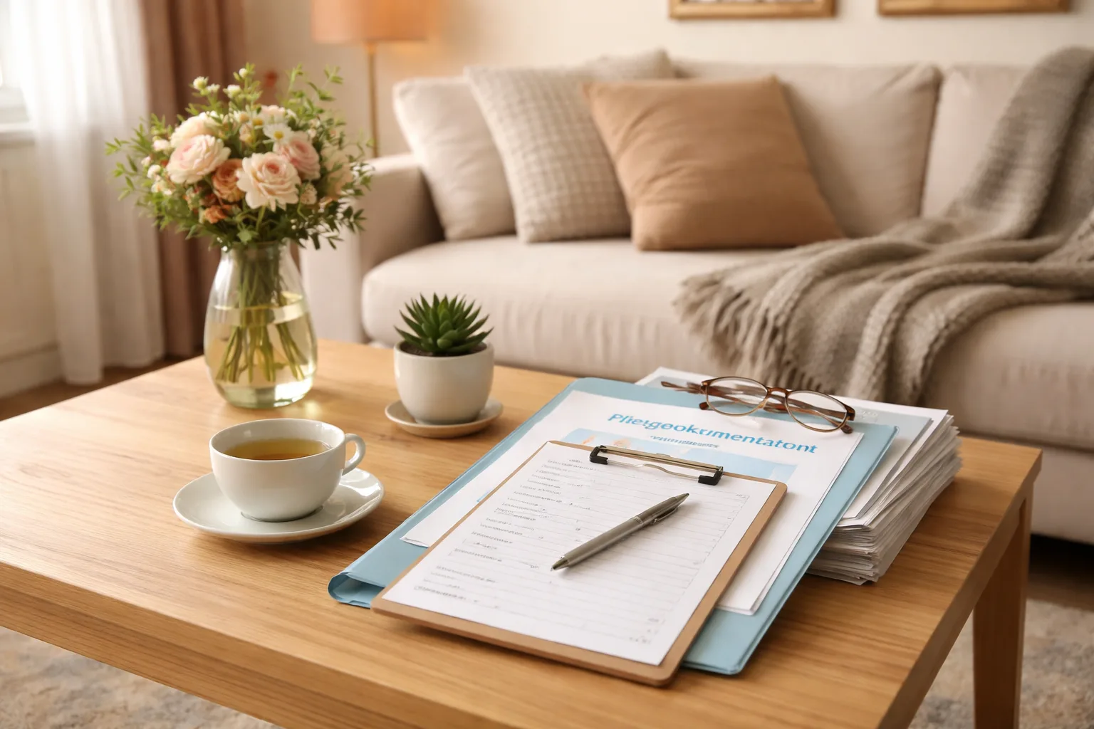 Professionelle Beratung zu Pflegegraden - Betreuerin erklärt älterer Person die verschiedenen Pflegestufen