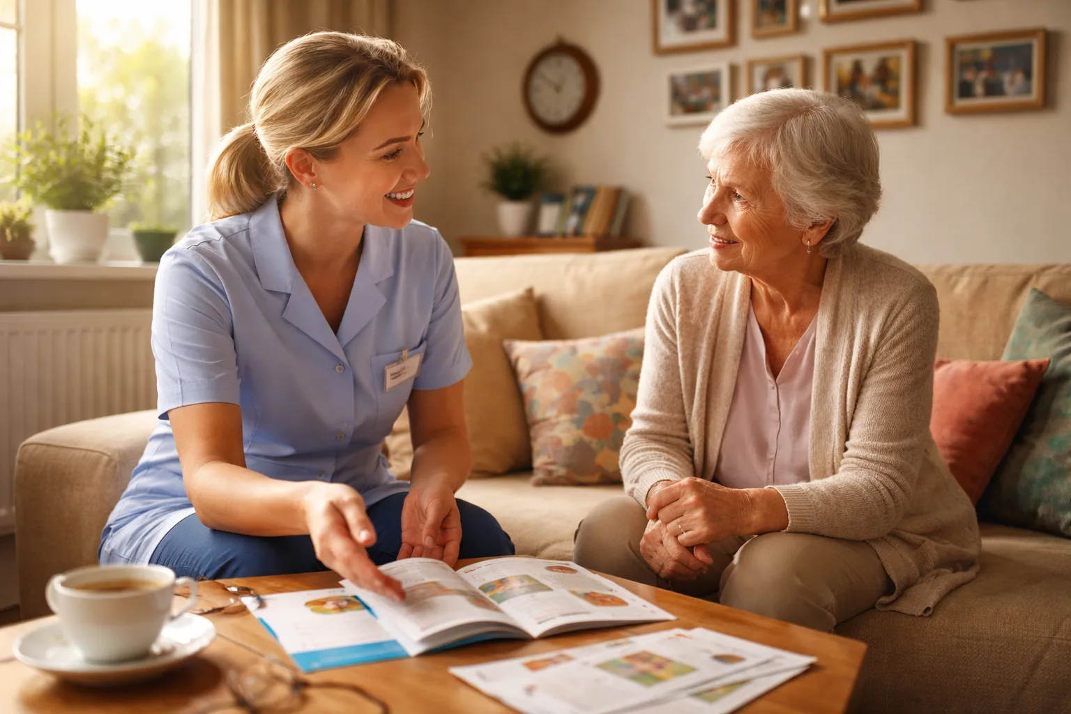 Professionelle Beratung zu Pflegegraden - Betreuerin erklärt älterer Person die verschiedenen Pflegestufen